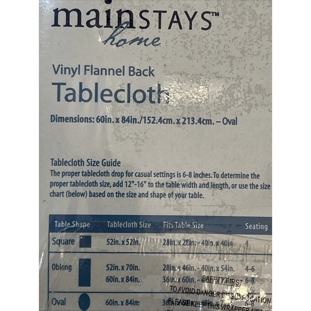 Mainstays Home Blue Floral Vinyl Flannel Back Tablecloth 60in X 84in NOS
